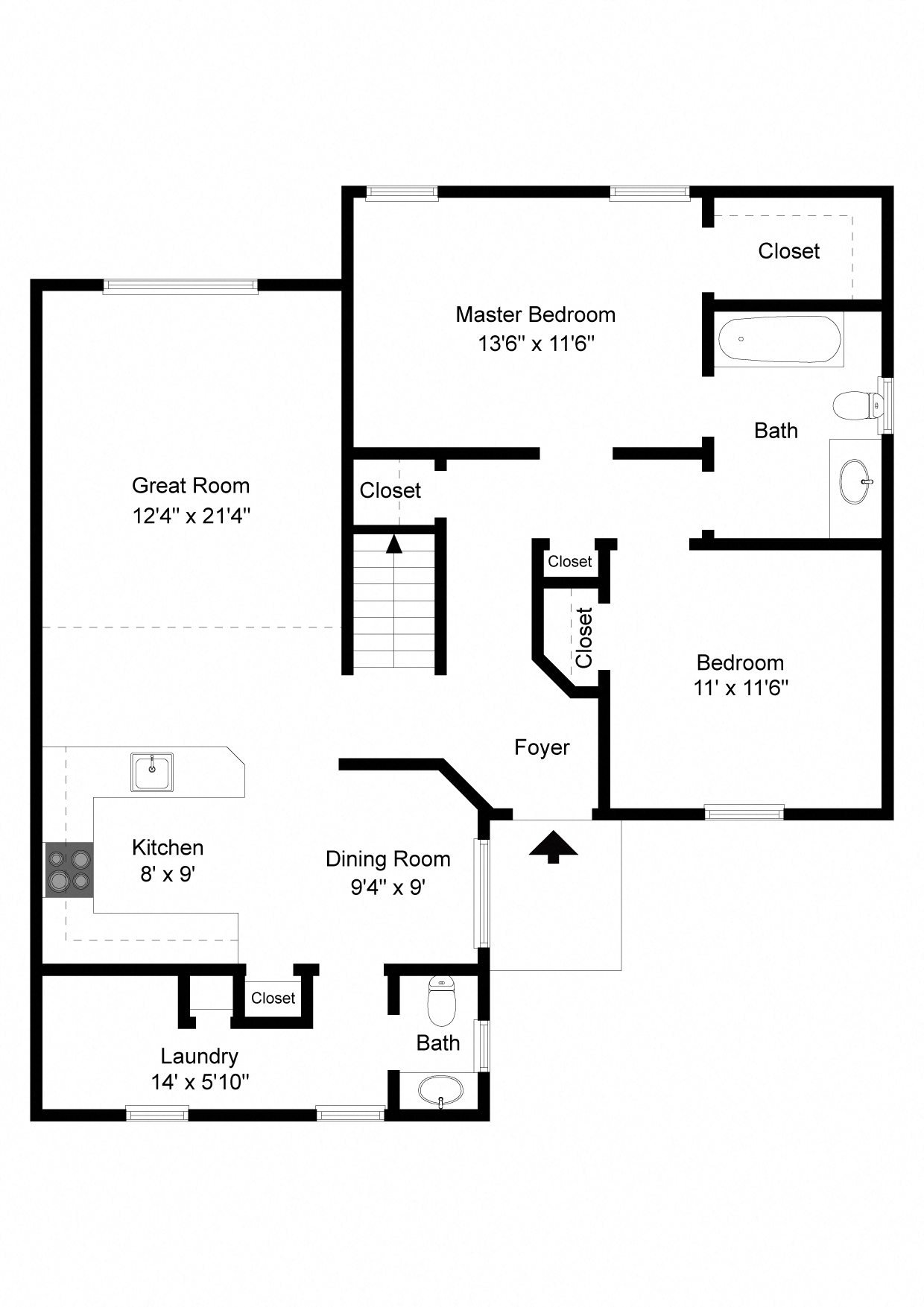 Floor plan for 2 beds, 1.5 baths, 1133 sqft